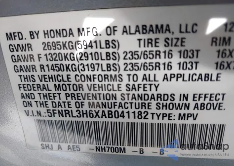 2010 Honda Odyssey Ex-L из США, поврежденный, VIN 5FNRL3H6XAB041182